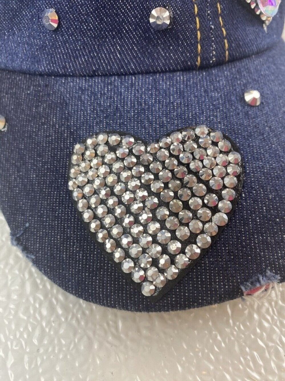 Denim Sparkle Hat Rhinestone Heart Bling Embellished Adjustable Frayed Cap - Picture 6 of 13
